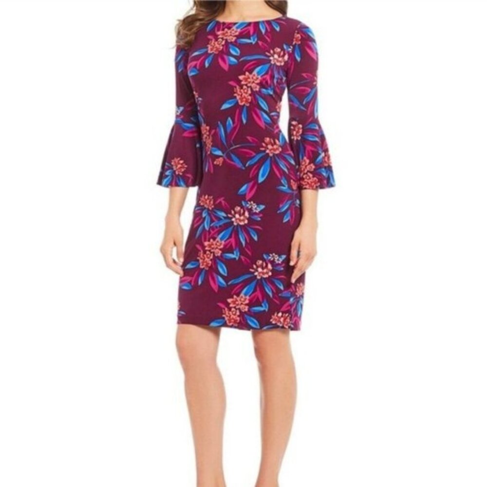 Calvin Klein Purple Floral Jersey 3/4 Bell Sleeved Sheath Dress Size 12